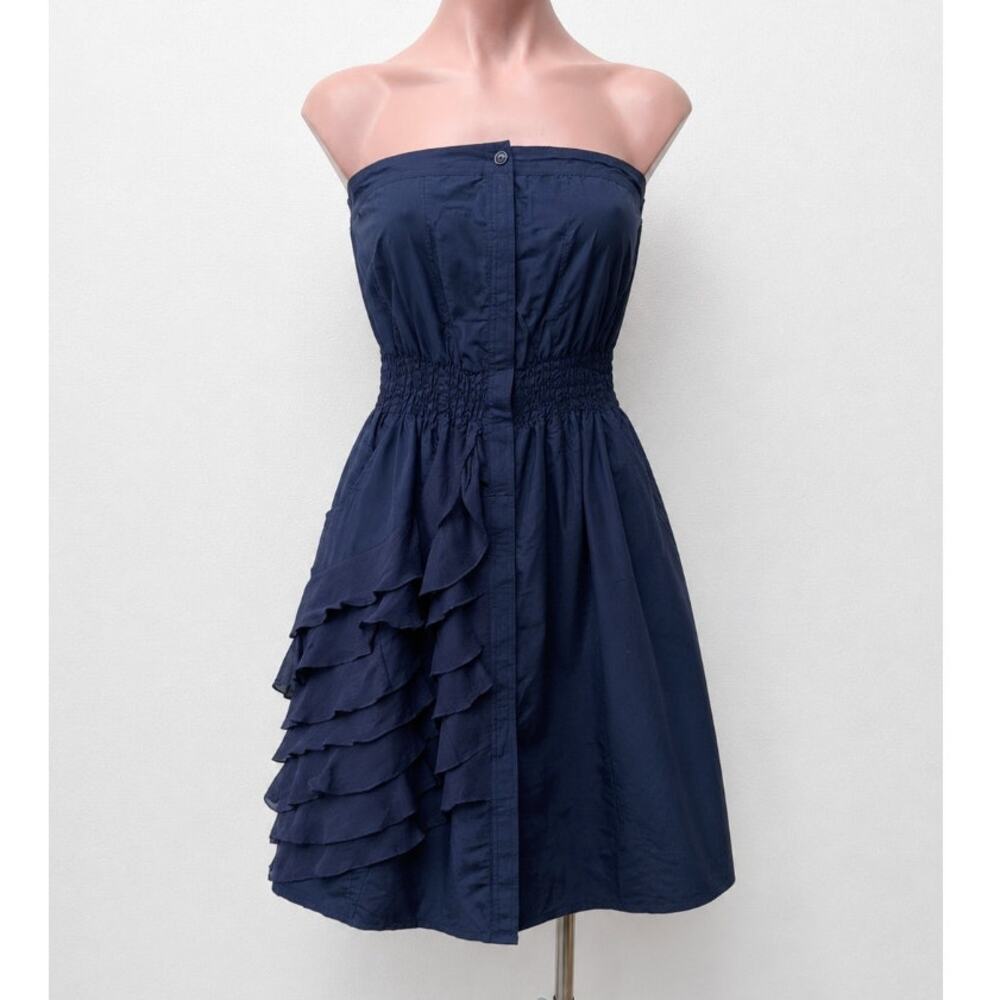 Modern Amusement Cute Strapless Navy Button Down Tiered Ruffle Dress 100% Silk 6